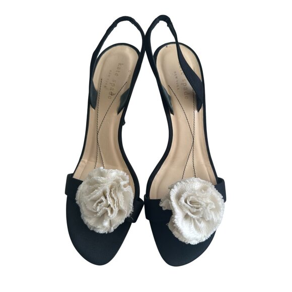 KATE SPADE Lucia Black Ivory Floral Slingback Heels Size 8 - Picture 1 of 6